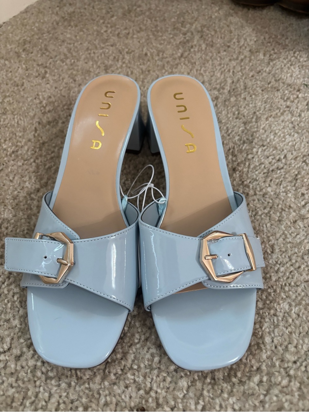 Unisa Light Blue Patent Buckle Block Heel Mules